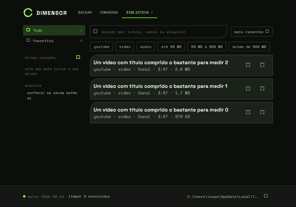 Aba Biblioteca do Dimensor: coluna de coleções à esquerda, busca no topo e filtros por plataforma, tipo e faixa de tamanho, com três itens listados.